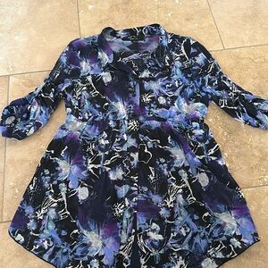 Women’s Style & Company Printed Blouse With Adjustable Sleeves Blue Size XL